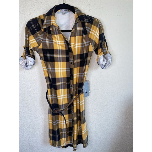 Justify Women western Plaid shirt Front Button Roll Tab Dress New Belted boho - Picture 1 of 10